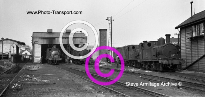 Five ex London & South Western Railway "O2" Class 0-4-4 Tanks in view at Ryde MPD,I-O-W.
