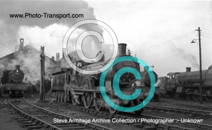 London & South Western Railway "T9" Class 4-4-0 No.30120 and Great Western "Hall`s Nos 4933 and 6943 at Didcot MPD.
