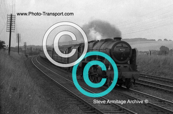 Ex LMS "Royal Scot" class 4-6-2 No.46103 "Royal Scots Fusilier" at Chiltern Green, Bedfordshire on 30.7.1960.