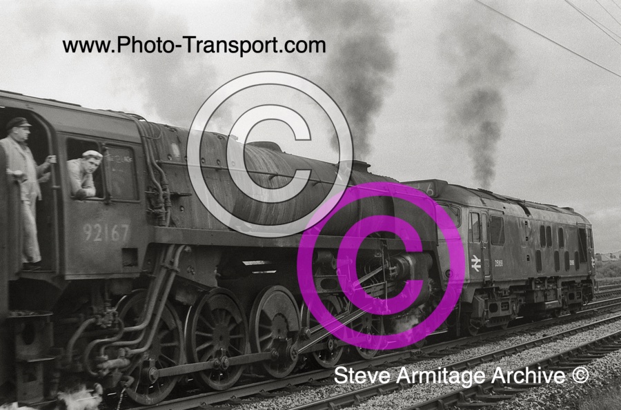 BR "Standard" 9F Class 2-10-0 No.92167 piloted by Class "25" Bo-Bo No.D5168 at South Road,Bare,Morecambe in May 1968.