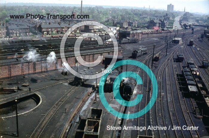 Patricroft MPD(10C) from the Cooling Tower with 2 BR "Standard 9F`s",2 ex LMS "8F`s" and a Fairburn 2-6-4 Tank