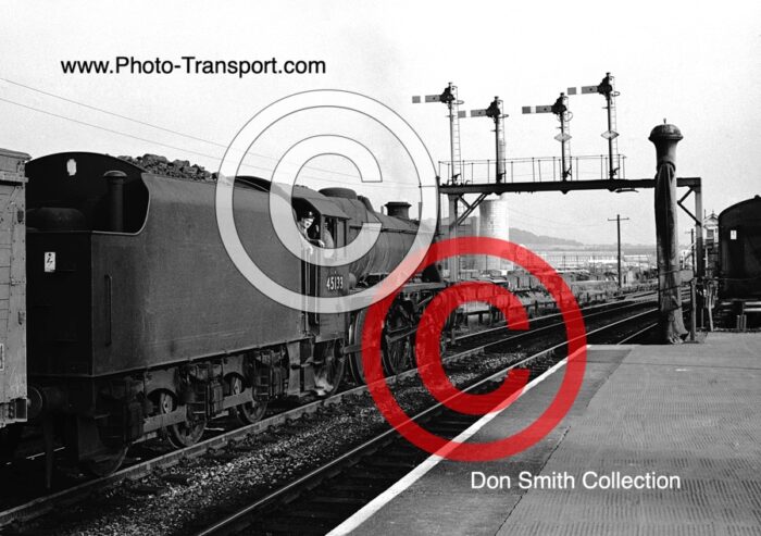 LMS Stanier Black 5 4-6-0 No.45133 approaches signal gantry and signal box in the distance