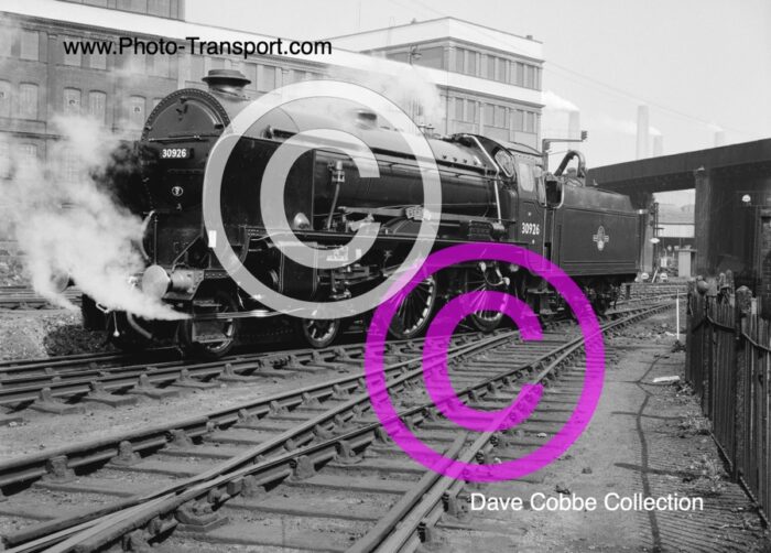 SR Class V “Schools” 4-4-0 No.30926 Repton (The Royal Engine) light engine spanking clean at Stewarts Lane (71A)  - 6.6.1962  This loco was used for The Royal Train for Derby Day Races at Epsom