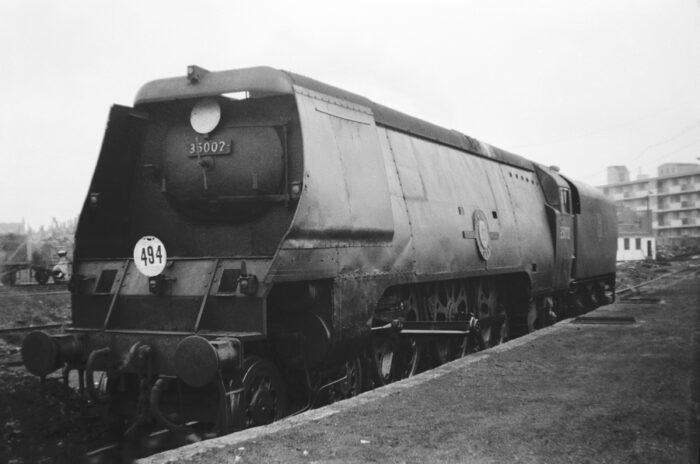 Merchant Navy Unrebuilt 4-6-2 No.35002 Union Castle light engine at Nine Elms (70A) -11.5.1957