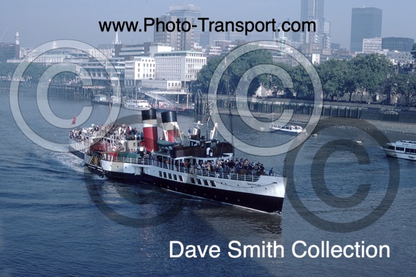 P.S.Waverley - Preserved Paddle Steamer - Passenger Ship - Underway Pool of London approaching Tower Bridge - 1986 - IMO 5386954